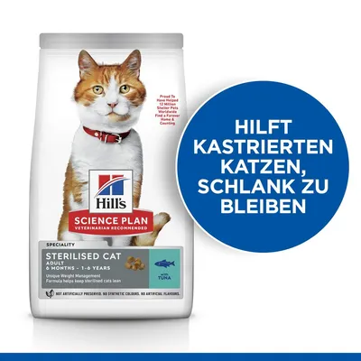 Hill's Science Plan Sterilised Cat Adult mit Thunfisch. Hilft kastrierten Katzen, schlank zu bleiben. Für Katzen von 6 Monaten bis 6 Jahren. Ohne künstliche Konservierungsstoffe oder Farben.