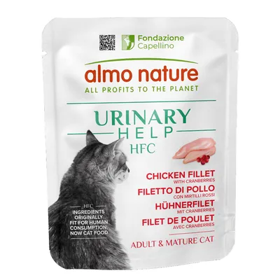 Almo Nature Urinary Help HFC, kipfilet met cranberries, voor volwassen en oudere katten. Ingrediënten oorspronkelijk geschikt voor menselijke consumptie, nu kattenvoer.