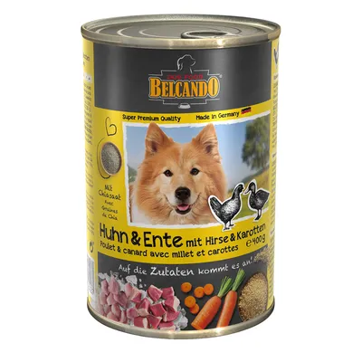 Belcando Dog Food, Poulet & canard avec millet et carottes, 400g, avec graines de chia. Photo d’un chien, images de viande, carottes, millet. Texte en allemand et français visible.