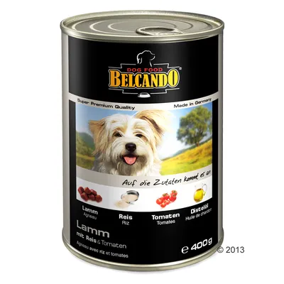 Boîte Belcando Dog Food Lamm, agneau avec riz et tomates, 400 g. Ingrédients visibles : agneau, riz, tomates, huile de chardon. Texte en allemand et anglais sur l’étiquette.