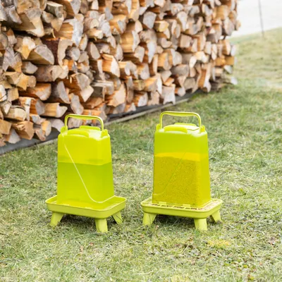 Two green feeders with handles, one filled with water and the other with grains, on grass in front of a stack of wood.