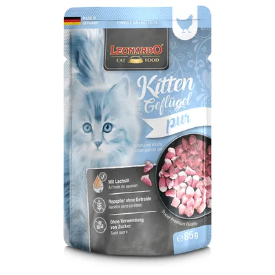Leonardo Cat Food Kitten drůbeží maso, s lososovým olejem, receptura bez obilovin, bez přidaného cukru, super prémiová kvalita, vyrobeno v Německu, 85g.