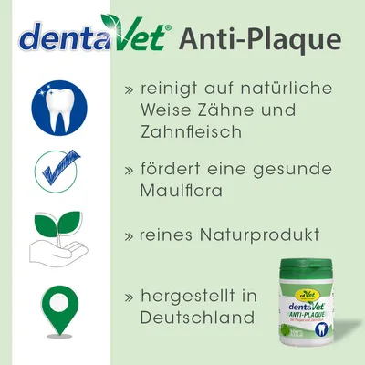 dentaVet Anti-Plaque. Reinigt auf natürliche Weise Zähne und Zahnfleisch, fördert gesunde Maulflora, reines Naturprodukt, hergestellt in Deutschland.
