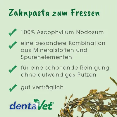Zahnpasta zum Fressen: 100% Ascophyllum Nodosum, Kombination aus Mineralstoffen und Spurenelementen, schonende Reinigung ohne Putzen, gut verträglich. Marke: dentaVet.