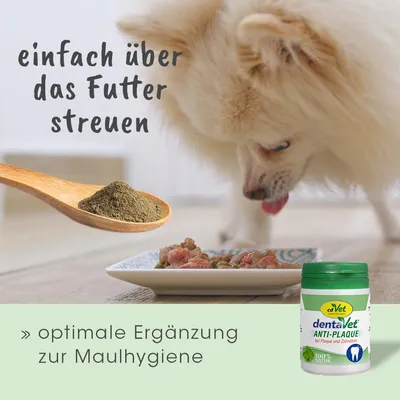 cdVet dentalVet Anti-Plaque, einfach über das Futter streuen. Optimale Ergänzung zur Maulhygiene, 100% Natur.