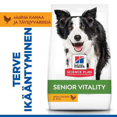Hill's Science Plan Senior Vitality kanaa & riisiä. Sisältää kanaa ja täysjyväriisiä. TERVE IKÄÄNTYMINEN. Hill's Science Plan Senior Vitality kanaa & riisiä. Sisältää kanaa ja täysjyväriisiä. TERVE IKÄÄNTYMINEN.