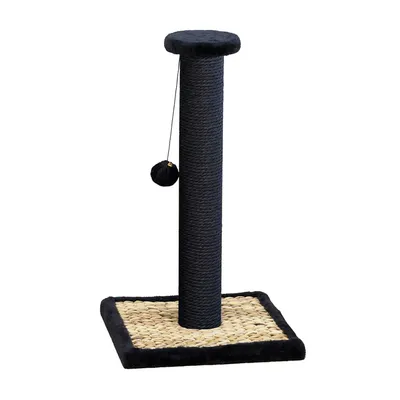 Kratzbaum mit schwarzem Sisal-Stamm, gepolsterter Plattform und Spielball an Schnur. Basis aus geflochtenem Naturmaterial.