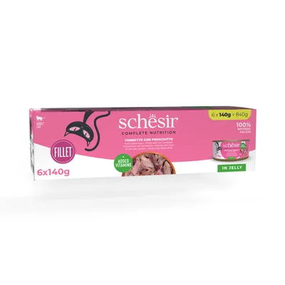 Schesir Complete Nutrition, риба тон с шунка в желе, 6x140g, 100% натурални филета, с добавени витамини. За възрастни котки.