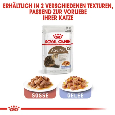Royal Canin Ageing 12+ Katzenfutter, erhältlich in zwei Texturen: Sosse und Gelee. Verpackung zeigt Produkt für ältere Katzen ab 12 Jahren mit 85g Inhalt.