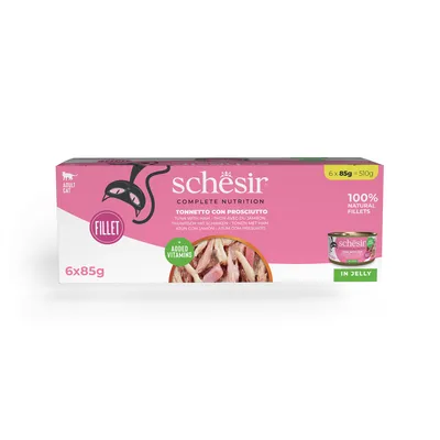 Schesir риба тон с шунка в желе, 6x85g, 100% натурални филета, за възрастни котки, с добавени витамини.