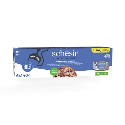 Schesir Complete Nutrition, риба тон с аншоа в желе, 6x140g = 840g, 100% натурални филета, с добавени витамини. За възрастни котки.