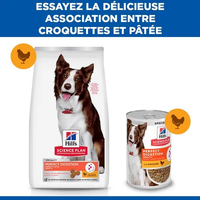 Hill's Science Plan Perfect Digestion aliments secs et humides pour adultes, avec du poulet. Recommandation : combinaison de croquettes et de pâté. Hill's Science Plan Perfect Digestion aliments secs et humides pour adultes, avec du poulet. Recommandation : combinaison de croquettes et de pâté.