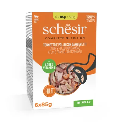 Schesir Complete Nutrition, риба тон и пиле с скариди, 6x85g, 100% натурални филета, с добавени витамини, в желе. За възрастни котки.