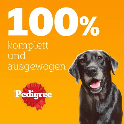 100% komplett und ausgewogen. Pedigree Logo mit roter Schleife und schwarzem Hund vor orangefarbenem Hintergrund.