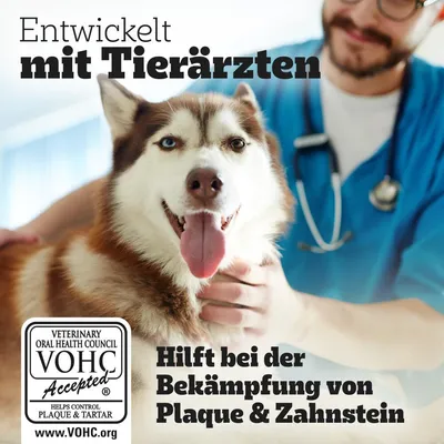 Entwickelt mit Tierärzten. Hilft bei der Bekämpfung von Plaque und Zahnstein. VOHC Accepted, hilft Kontrolle von Plaque & Tartar. www.VOHC.org.