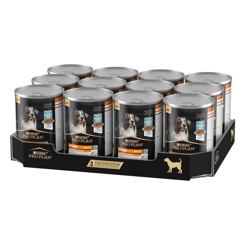 Purina Pro Plan Adult All Size Nassfutter für Hunde, 12 Dosen à 400g. Science Based Nutrition Hinweis auf Verpackung.