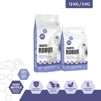 Bozita Robur Sensitive Single Protein mit Lamm. Postbiotics, 23% Protein, 13% Fett. Täglicher Immunschutz, gesunde Verdauung, weizenfreie Rezeptur. Verpackungsgrössen: 12 kg und 3 kg.