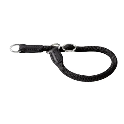 Schwarzes Hundehalsband aus geflochtenem Material mit Lederdetails und Metallringen.