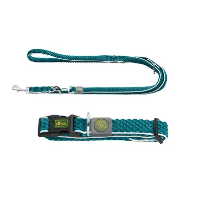 Türkise Hundeleine und Halsband von Hunter mit Metallverschluss und grünem Logo. Strukturierte Oberfläche, verstellbare Länge.