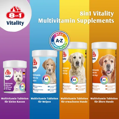 8in1 Vitality Multivitamin Tabletten für kleine Rassen, Welpen, erwachsene Hunde und ältere Hunde. A-Z Daily Supplements.