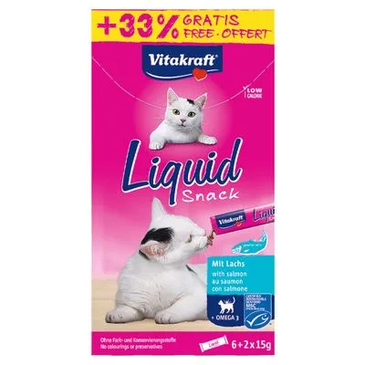 +33% gratis, Vitakraft Liquid Snack, Mit Lachs with salmon, OMEGA 3, 6+2x15g, uden farve- og konserveringsstoffer, to katte på pakken, lyserød baggrund +33% gratis, Vitakraft Liquid Snack, Mit Lachs with salmon, OMEGA 3, 6+2x15g, uden farve- og konserveringsstoffer, to katte på pakken, lyserød baggrund
