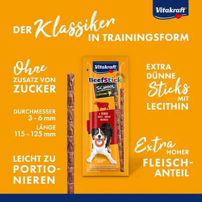 Vitakraft Beefstick School mit Lecithin, extra dünne Sticks aus Rind, ohne Zuckerzusatz, Durchmesser 3-6 mm, Länge 115-125 mm, leicht zu portionieren, extra hoher Fleischanteil.