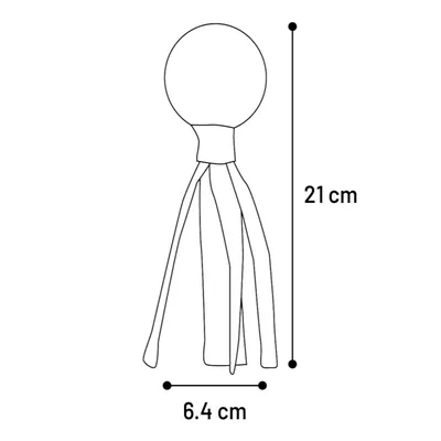 Schéma d’un jouet pour animal avec boule et lanières, dimensions indiquées : hauteur 21 cm, largeur 6,4 cm.