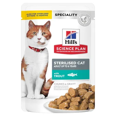 Hill's Science Plan Sterilised Cat, Adult până la 6 ani, cu păstrăv. Bucăți în sos. Potrivit și pentru pisici sterilizate de la 6 luni.