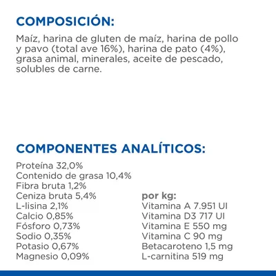 Composición: maíz, harinas de gluten de maíz, pollo, pavo (16%), pato (4%), grasa animal, minerales, aceite de pescado. Componentes analíticos: proteína 32%, grasa 10,4%, fibra 1,2%.