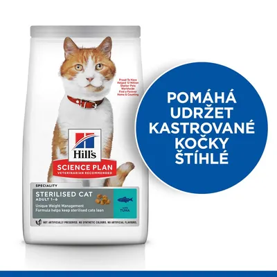 Hill's Science Plan Sterilised Cat Adult 1–6 s tuňákem, nápis: Pomáhá udržet kastrované kočky štíhlé. Balení s obrázkem kočky a informacemi o složení.