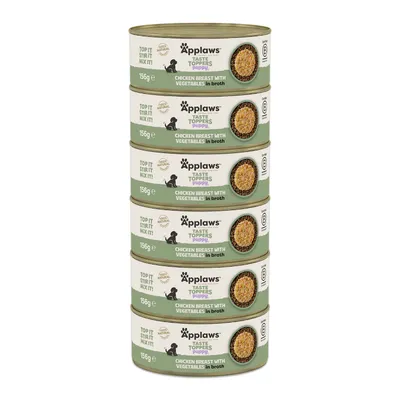 6 konzerv Applaws Taste Toppers Puppy, piščančje prsi z zelenjavo v juhi, 156 g. Besedilo: Dodaj! Premešaj! Zmešaj!