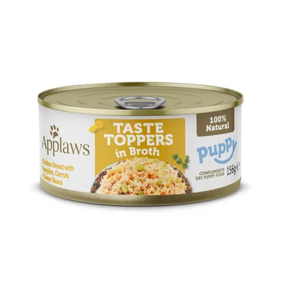 Applaws Taste Toppers en caldo, pechuga de pollo con calabaza, zanahorias y judías verdes. 100% natural, Puppy, complemento para pienso para cachorros, 156g.