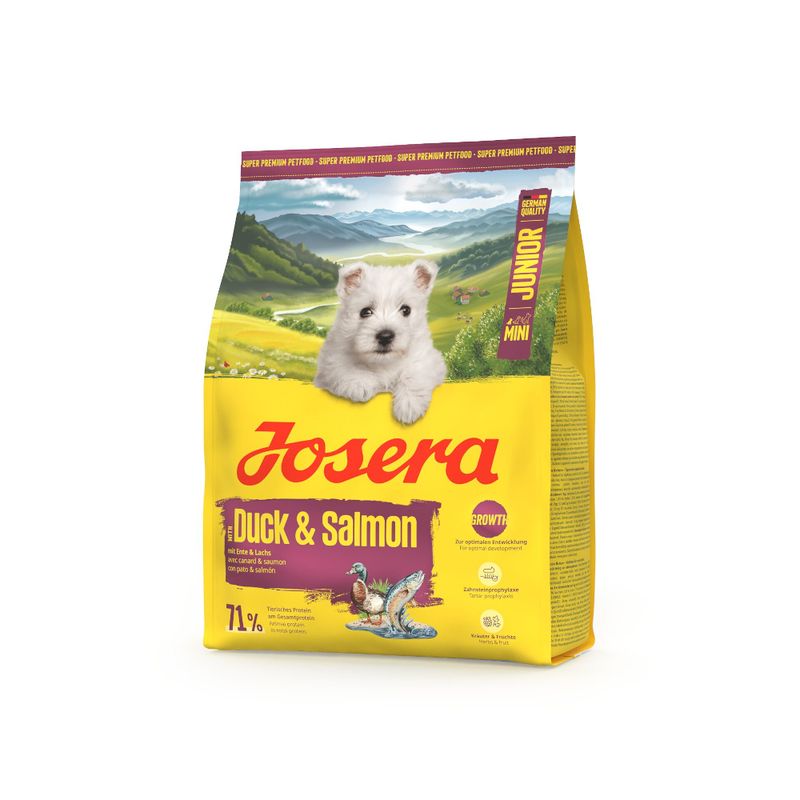 Josera Duck & Salmon Junior Mini, Super Premium Petfood, mit Ente und Lachs, 71% tierisches Protein, für optimales Wachstum, Zahnpflege-System, kleiner Hund auf Verpackung.