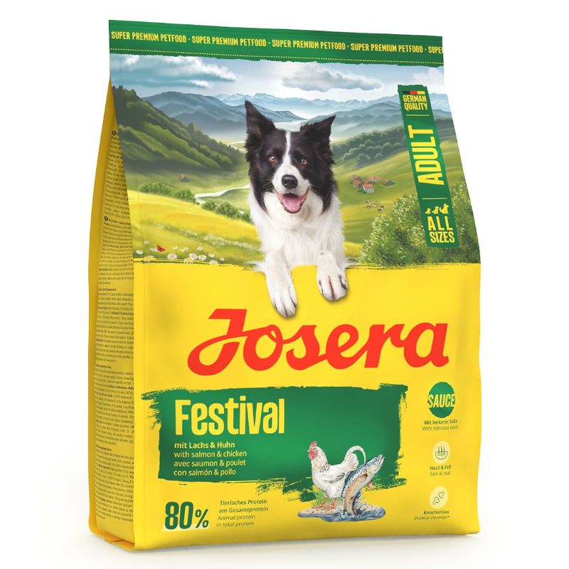 Josera Festival Adult Hundefutter mit Lachs und Huhn, geeignet für alle Größen. 80% tierisches Protein am Gesamtprotein. Mit leckerer Sauce. German Quality.