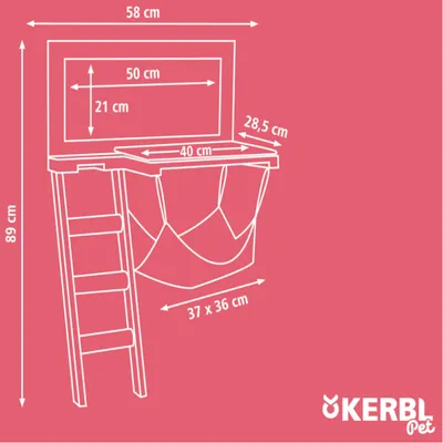 Maßangaben für ein Kerbl Pet Produkt: Höhe 89 cm, Breite 58 cm, Liegefläche 40 cm x 28,5 cm, Hängematte 37 cm x 36 cm, Fensteröffnung 50 cm x 21 cm.