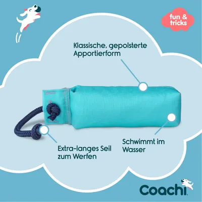 Coachi Apportierspielzeug mit gepolsterter Form, extra-langem Seil zum Werfen und schwimmfähig im Wasser. Fun & Tricks Design.
