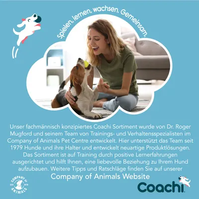 Coachi Sortiment für Hundetraining, entwickelt von Dr. Roger Mugford und Company of Animals. Fokus auf positive Lernerfahrungen und Beziehung zum Hund. Weitere Infos auf der Company of Animals Website.