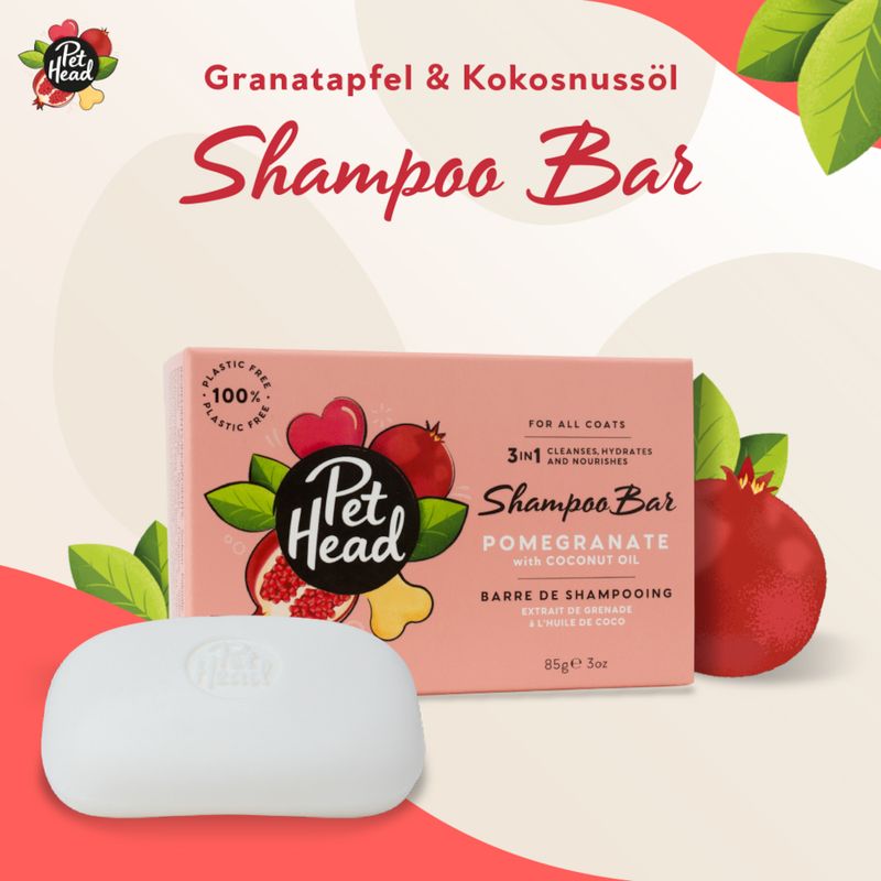 Pet Head Shampoo Bar Granatapfel & Kokosnussöl, plastikfrei, 3-in-1 reinigt, hydratisiert und pflegt, für alle Felltypen, 85g.