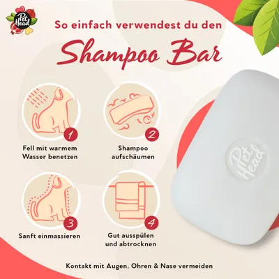 Anleitung zur Nutzung des Pet Head Shampoo Bar: Fell mit warmem Wasser benetzen, Shampoo aufschäumen, sanft einmassieren, gut ausspülen und abtrocknen. Kontakt mit Augen, Ohren & Nase vermeiden.