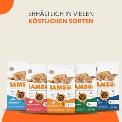 IAMS Katzenfutter erhältlich in vielen köstlichen Sorten: Ocean Fish, Salmon, Fresh Chicken, Lamb und Tuna. Verpackung zeigt orangefarbene Katze. Geeignet für Katzen ab 1 Jahr.