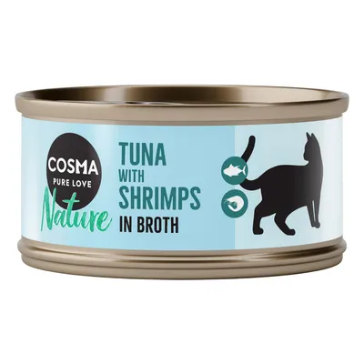 Cosma Nature Pure Love. Tonnikalaa ja katkarapuja liemessä, kissan siluetti sekä kala- ja katkarapuikonit vaaleansinisessä purkissa.