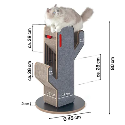 Kratzbaum in Kaktusform mit einer Höhe von 80 cm, Durchmesser der Basis ca. 45 cm. Maße: ca. 38 cm, 28 cm, 26 cm, 21 cm, 15 cm und 6 cm. Katze sitzt oben auf dem Kratzbaum.