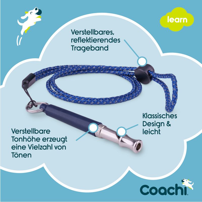 Coachi Hundepfeife mit verstellbarer Tonhöhe, klassischem Design und leichtem Gewicht. Reflektierendes, verstellbares Trageband für Sicherheit.