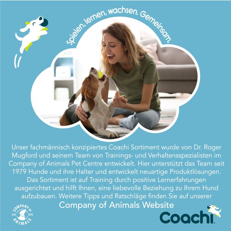 Coachi Sortiment für Hundetraining, entwickelt von Dr. Roger Mugford und Company of Animals. Fokus auf positive Lernerfahrungen und Beziehung zum Hund. Weitere Infos auf der Website.