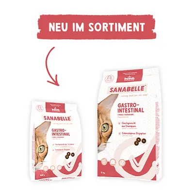 Sanabelle Gastro-Intestinal Trockenfutter, neu im Sortiment. Zwei Packungsgrößen abgebildet: 400g und 2kg. Sanabelle Gastro-Intestinal Trockenfutter, neu im Sortiment. Zwei Packungsgrößen abgebildet: 400g und 2kg.