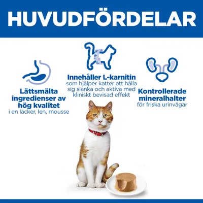 Huvudsakliga fördelar: lättsmälta ingredienser, innehåller L-karnitin för smidiga och aktiva katter, kontrollerade mineralhalter för friska urinvägar. Katt avbildad med foder. Huvudsakliga fördelar: lättsmälta ingredienser, innehåller L-karnitin för smidiga och aktiva katter, kontrollerade mineralhalter för friska urinvägar. Katt avbildad med foder.