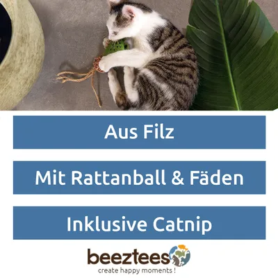 Beeztees Spielzeug aus Filz, mit Rattanball und Fäden, inklusive Catnip. Markenname Beeztees mit Slogan 'create happy moments!'.