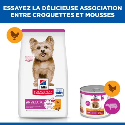 Hill's Science Plan Adulte 1-6 Small & Mini jusqu'à 10 kg, croquettes et mousse tendre au poulet. 100 % équilibré, 3 avantages essentiels, sans additifs artificiels.