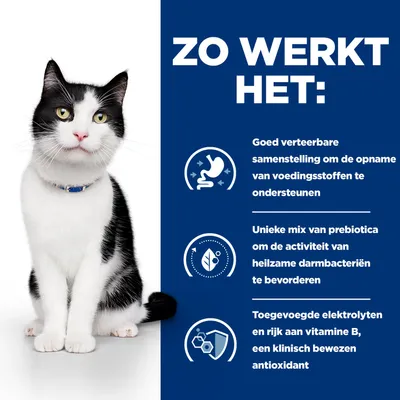 Infografiek: Goed verteerbare samenstelling ter ondersteuning van de opname van voedingsstoffen, unieke mix van prebiotica, toegevoegde elektrolyten en vitamine B als antioxidant.