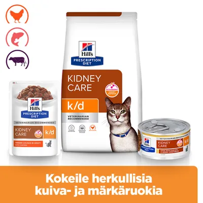 Hill's Prescription Diet Kidney Care k/d kuiva- ja märkäruoka kissoille, kanan kanssa. Kokeile herkullista kuivaruokaa ja märkäruokaa. Hill's Prescription Diet Kidney Care k/d kuiva- ja märkäruoka kissoille, kanan kanssa. Kokeile herkullista kuivaruokaa ja märkäruokaa.